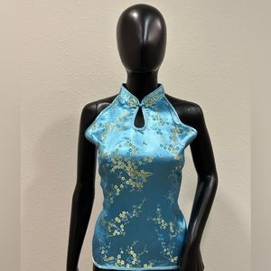 Aqua Blue Oriental Print Top